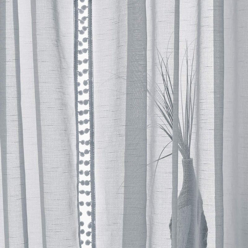 Treatmentex Pom-Pom Grey Sheer Curtains for Bedroom 63" Window Drapes Rod Pocket Textured Sheer Curtain for Kids Room 52" w 2 Panels - Image 4
